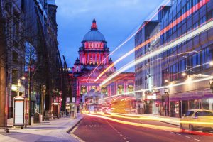 Illuminated Belfast City Hall. Belfast, Northern Ireland, United Kingdom.