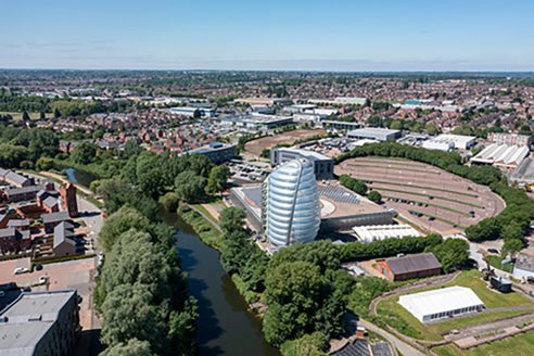 Aerial Space Centre Leicester view looking towards city